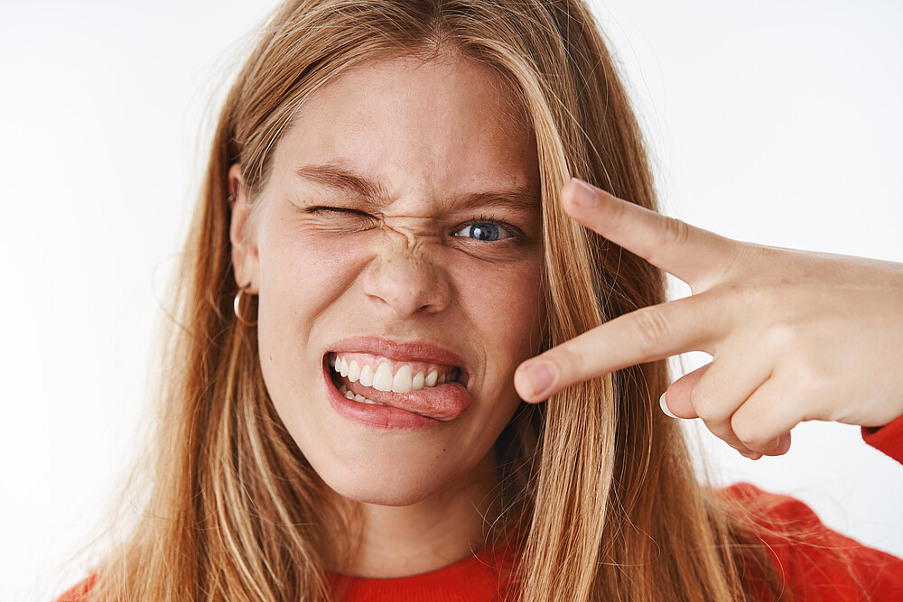 woman, girl, emotions, female, student, wink, daring, victory, peace, peaceful, outgoing, friendly, happy, charismatic, joyful, carefree, girlfriend, autumn, red, sweater, hair, body-positive, freckles, blue-eyes, weather, ginger, redhead, pimples, background, fashion, person, attractive, beautiful, casual, caucasian, cute, portrait, pretty, adult, advertisement, advertising, beauty, confident, emotion, emotive, european, excited, expression, gesture, model